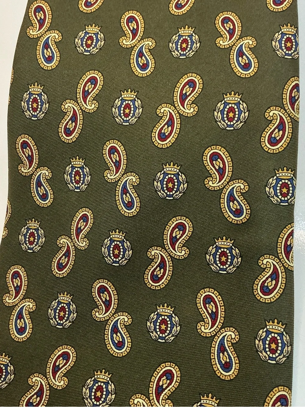 Tommy Hilfiger Olive Green Paisley Silk Tie with Maroon and Gold Accents